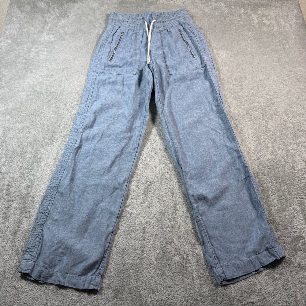Athleta Cabo Linen Wide Leg Pants Womens 2 Blue Drawstring Pockets Travel Lounge